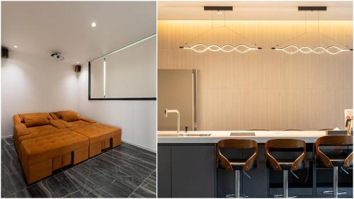 two images of a kitchen with a couch and a sink at Elafonisi Poolvilla & Hotel in Gyeongju