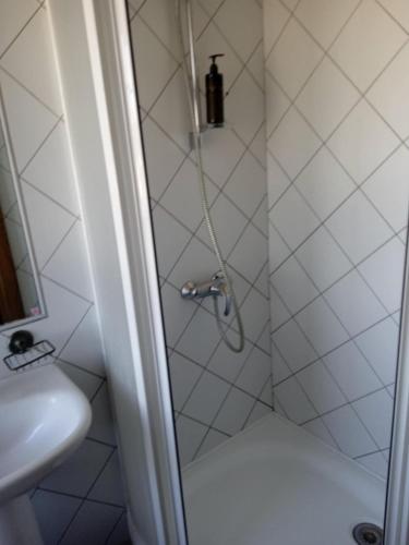 a shower in a bathroom with a sink at Svečių namai Alėjos Ąžuolas in Druskininkai