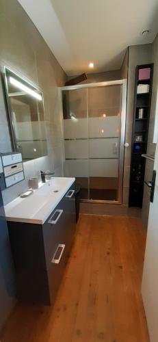 une salle de bain avec un lavabo et un miroir dans l'établissement Maison proche Hauteville-sur-mer, à Le Grand Cambry