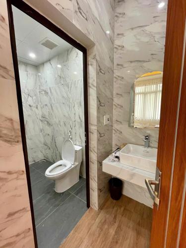 a bathroom with a toilet and a sink and a mirror at BinBin Homestay Đồng Hới Quảng Bình in Dong Hoi