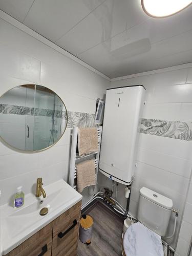 une salle de bain avec un lavabo et un miroir dans l'établissement Escapade au coeur des Thermes & Volcans, à Royat