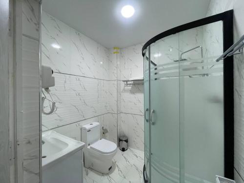 a white bathroom with a toilet and a glass shower at Anor Qal'a in Khiva