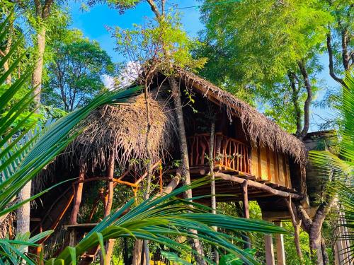 a tree house with a thatched roof at Green land tree house sigiriya in Sigiriya