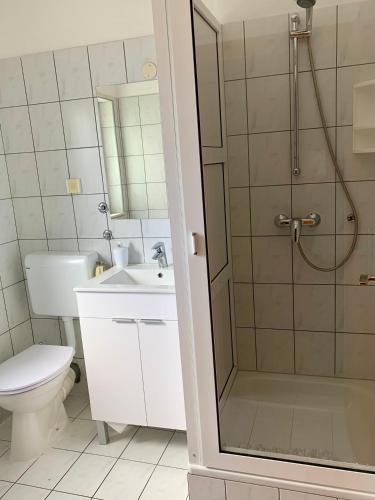 a bathroom with a shower and a toilet and a sink at Apartments Lepur in Vodice