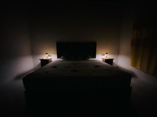 a dark room with a bed with two lights on it at Amuna Villa in Habarana