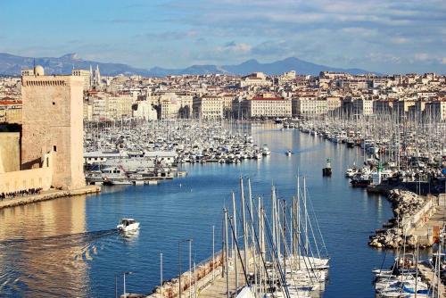 un port avec des bateaux dans l'eau d'une ville dans l'établissement Appartement lumineux Joliette Panier Vieux-Port, à Marseille