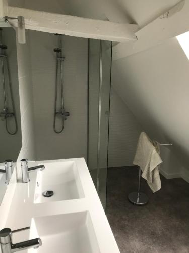 une salle de bain avec un lavabo blanc et une douche dans l'établissement Havre de paix avec piscine au cœur de la Dordogne, à Saint-Laurent-des-Hommes