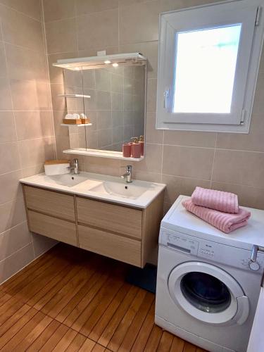 une salle de bain avec une machine à laver et un lavabo dans l'établissement Maison de village, à Le Causse-de-la-Selle