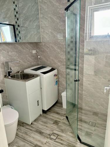 a bathroom with a shower and a toilet and a sink at Cute Amazing Palace in Guildford