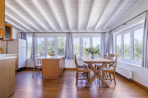 a kitchen with a table and chairs and windows at Aretousa - Deluxe Pool Apartment in Skopelos Town
