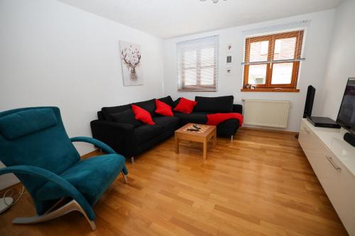 a living room with a black couch and red pillows at Gemütliche Auszeit zu Zweit im Rothauser Land in Grafenhausen
