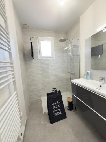 La salle de bains est pourvue d'un lavabo et d'un sac. dans l'établissement Le Balcon du Ponant 2 bedrooms with terrace park view, à Port-Saint-Louis-du-Rhône