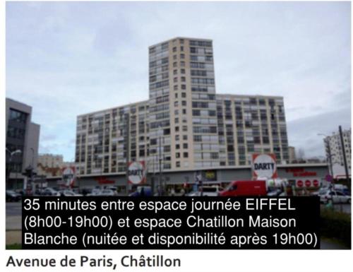 un grand bâtiment au cœur d'une ville dans l'établissement Dayroom Espace Paris sans nuitée et Chambre partagée Chatillon nuitée -- Repos journée ou Espace Travail 8-19h Proche Tour Eiffel ou Usage bureau à l'heure en journée -- Nuitée Chatillon Avenue Paris, à Châtillon