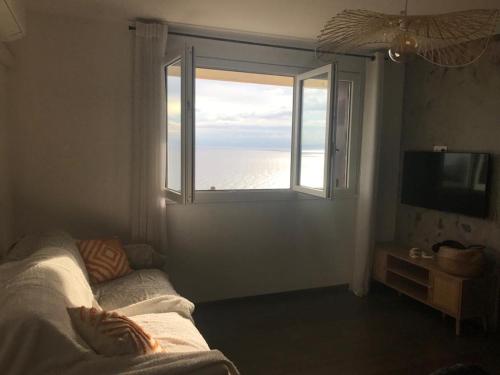 un salon avec un canapé et une fenêtre dans l'établissement Charmant T2 vue mer, à Bastia