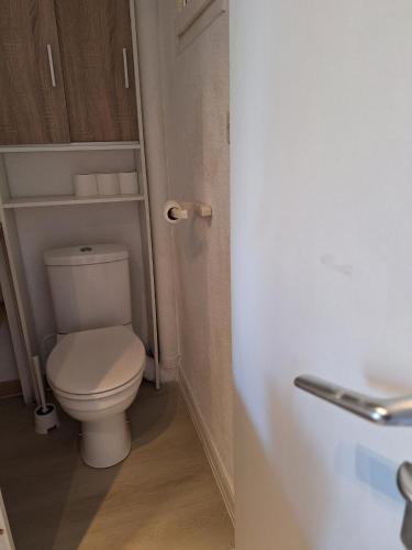 une salle de bain avec toilettes dans une petite pièce dans l'établissement Mimilou Eleuthera 500 metres du centre naturiste, au Cap d'Agde