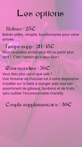 a pink page with a list of different feelings at Le Palais Secret 66 Loveroom in Saint-Féliu-dʼAvall