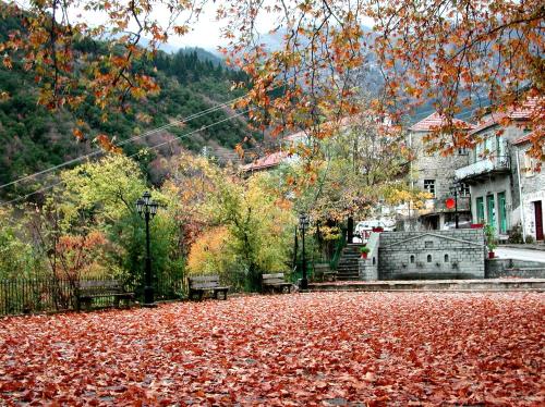 a pile of leaves on a street with two benches at Archontiko Tzoumerkon in Agnanta