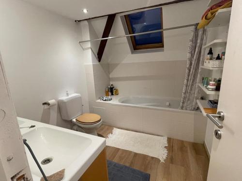 a bathroom with a tub and a toilet and a sink at Petit duplex cosy coup de coeur, dans ferme de charme du 18 è siècle au milieu des champs in Bossut-Gottechain