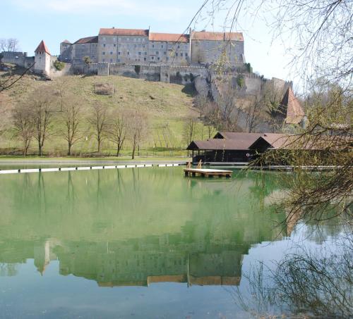 a view of a lake with a castle in the background at Hotel Garni Lindacher Hof in Burghausen