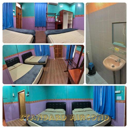 three pictures of a room with two beds and a sink at Fauna Beach Chalet Pulau Perhentian in Perhentian Islands