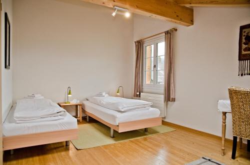 two beds in a room with a window at Delightful 4star Chalet Kiwi Apt in Grindelwald