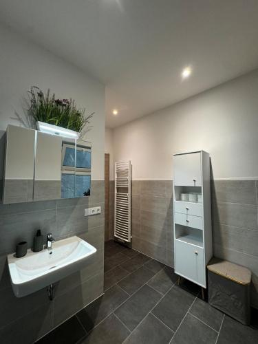 a bathroom with a sink and a mirror at Modernes Apartment am Marienplatz, Schwerin in Schwerin