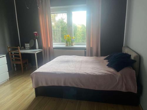 a bedroom with a bed and a window and a desk at Dom na Zdrowiu in Łódź