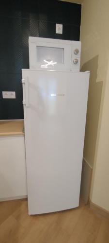 a white refrigerator with a microwave on top of it at Apartament Wenus in Lublin