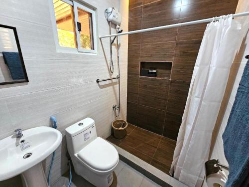 a bathroom with a toilet and a sink and a shower at Amado Transient Inn in Prado