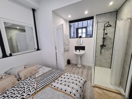 - une chambre avec un lit, une douche et un lavabo dans l'établissement Suite Versailles I Luxe & Détente, à Boulogne-sur-Mer