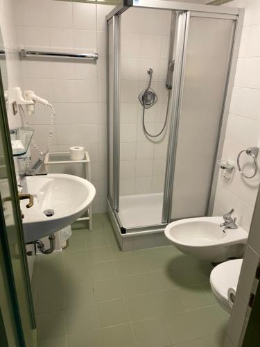 ラ・ヴィッラにあるSport Hotel Astoriaのシャワー、洗面台、トイレ付きのバスルーム