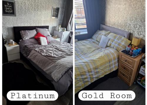 a bedroom with a bed and a gold room at Luxury on a Budget Chelmsford - B&B ROOM in a quiet family home in Chelmsford