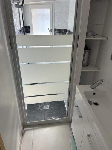 a small bathroom with a sink and a mirror at Studio avec Jardin in Balaruc-les-Bains