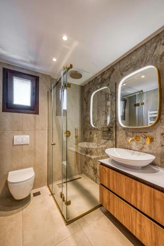 a bathroom with a toilet and a sink and a shower at Blue Ribbons luxury house in Ouranoupoli