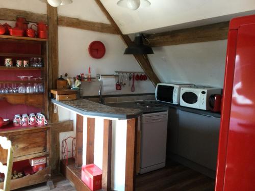 une petite cuisine avec une cuisinière et un micro-ondes dans l'établissement Proche d'Etretat, la Campagne à la Mer, à Angerville-la-Martel