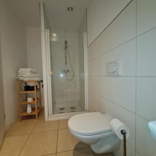 a white bathroom with a toilet and a shower at Sarahs Village Apartments in Ottnang am Hausruck