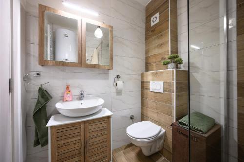 Un baño con lavabo, inodoro y ducha. en Tesla FlyInn, en Belgrado