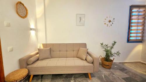 a living room with a couch and a plant at Michele Marie apts in Agia Pelagia