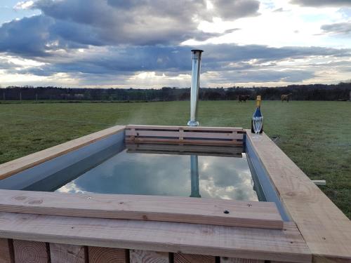 une piscine d'eau installée au-dessus d'une terrasse en bois dans l'établissement Gîte en matériaux naturels Sauna, couchers de soleil et chevaux, à Vausseroux