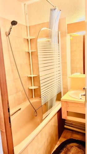 une salle de bain avec douche et lavabo dans l'établissement Appartement Morzine Avoriaz, à Morzine