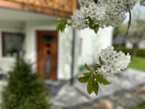 a bunch of white flowers in front of a house at Romantic Chalet - Alpine Getaway Salzkammergut in Viechtwang