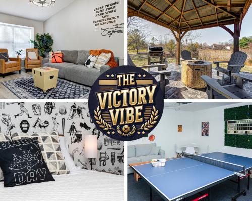 a collage of pictures of a living room with a table at 5 min to Grand Park, 1Level, Stocked Kitchen, King Bed, GameRm, Firepit, BBQ, Pet Friendly in Westfield