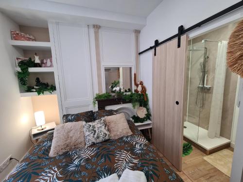 une chambre avec un lit et une douche en verre dans l'établissement Jungle Évasion - Détente & Comfort, à Boulogne-sur-Mer