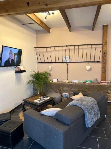 a living room with a couch and a flat screen tv at LE GAI LO GITE in Villers-Pol