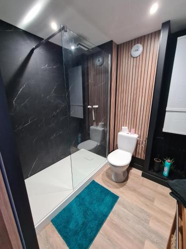 une salle de bain avec toilettes et douche en verre dans l'établissement Le Sommet de l'Opale I Spacieux & Confort, à Boulogne-sur-Mer
