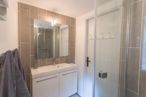 a bathroom with a sink and a shower with a mirror at Grand studio République in L'Isle-sur-la-Sorgue