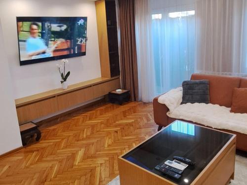 a living room with a couch and a tv at NADJA apartmani in Šabac