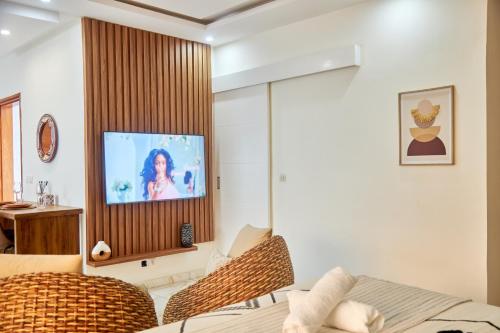 Una televisión o centro de entretenimiento en Résidence Alicia Studio luxueux et confortable