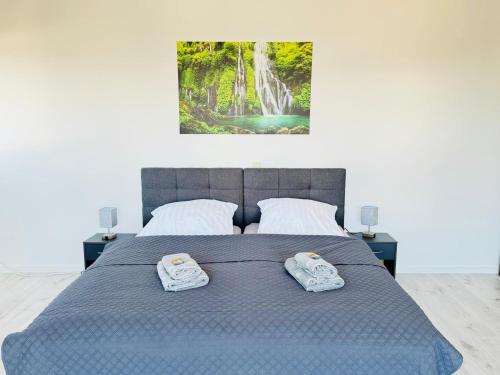 ein Schlafzimmer mit einem blauen Bett mit zwei Handtüchern darauf in der Unterkunft 23-schöner Wohnen, großes Apartment für 5-6 Personen in super Lage in Duisburg