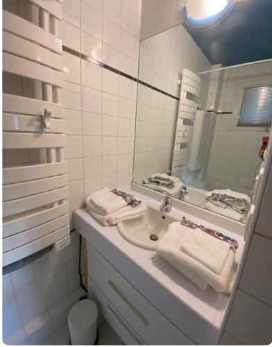 une salle de bain blanche avec un lavabo et un miroir dans l'établissement Triplex cosy, à Lyon
